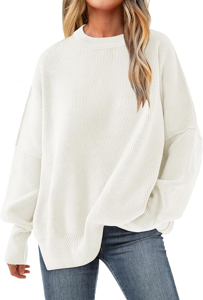 ANRABESS Women Crewneck Batwing Long Sleeve 2024 Fall Oversized Side Slit Ribbed Knit Pullover Sw... | Amazon (US)