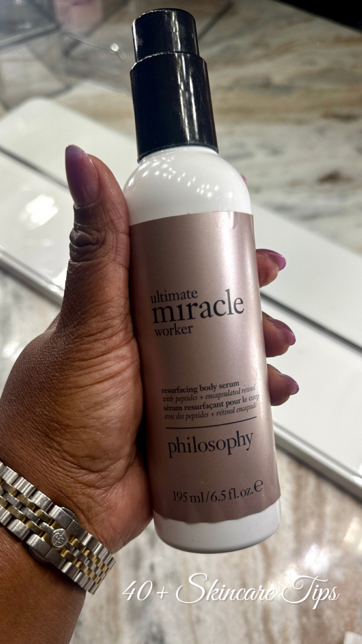 I’ve always taken care of my skin, but I never really paid much attention to my hands. Now that I’m over 40, I’ve noticed the effects of years of neglect. Recently, I discovered Philosophy’s resurfacing body serum that helps moisturize and reduce crepiness. This serum also aims to tighten and smooth the skin so, fingers crossed it helps my hands.

#LTKOver40 #LTKBeauty #LTKPlusSize