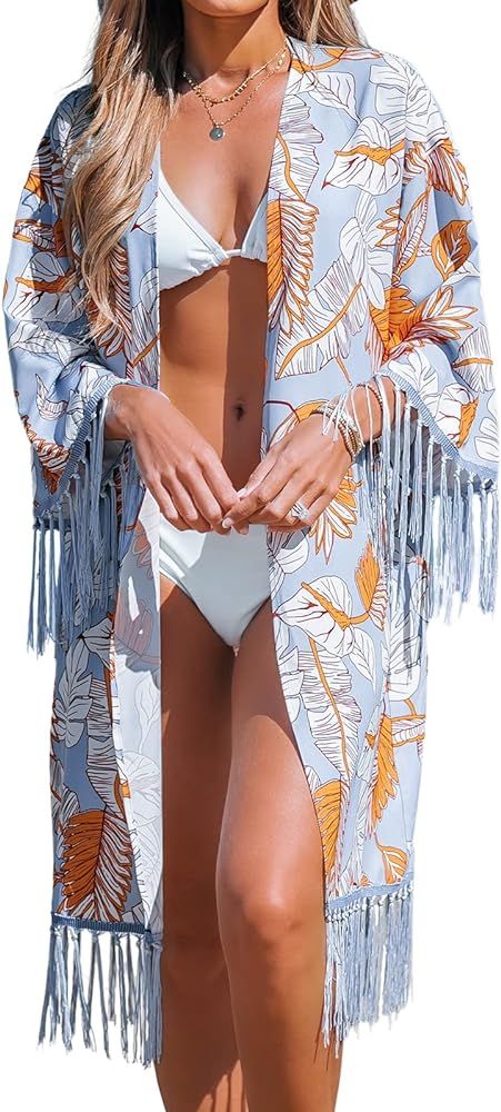 CUPSHE Women Leaf Print Fringe Cover-Up Kimono Casual Summer Open Front Cover Up | Amazon (US)