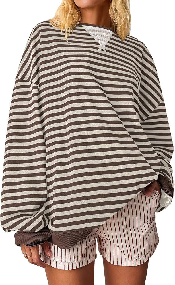 ANRABESS Women Striped Oversized Sweatshirt Crewneck Long Sleeve Shirts Hoodies 2025 Summer Fashi... | Amazon (US)