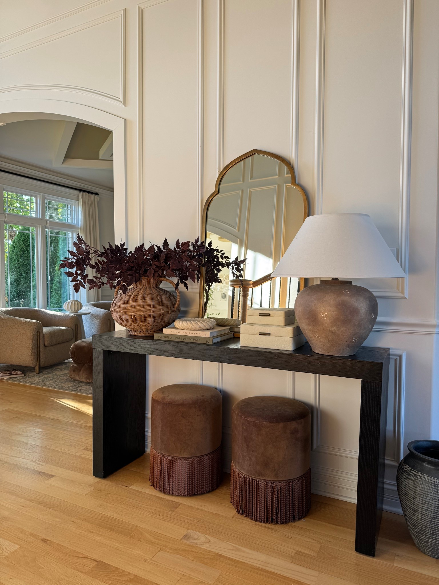 Fall entryway view 🍂🤎 My console table is RH look for less and under $300 now! 

#consoletable #homedecor #fallhome #entrywaytable #mirror #ottoman #tablelamp #vase #wayfair #wayfairfinds #affordablehomedecor #entryway #target #mcgeeandco #interiordesign 

#LTKSaleAlert #LTKHome #LTKSeasonal
