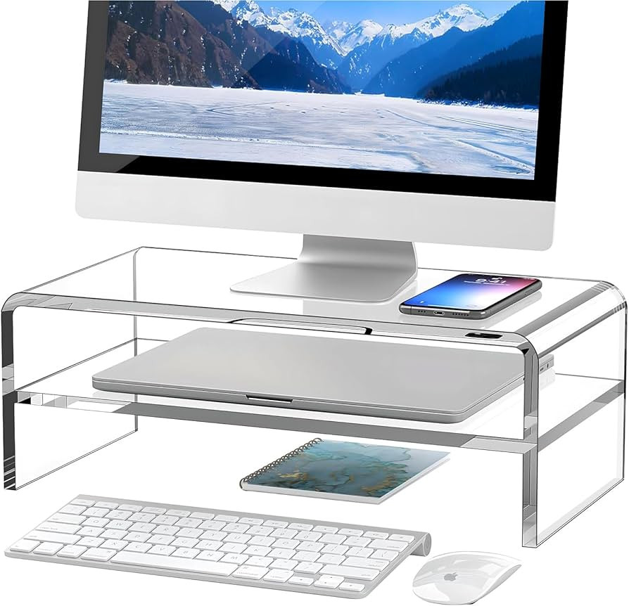 Clear Acrylic Monitor Stand Riser 2 Tier, 5.12 Inches High Clear Computer Desk Organizer Shelf fo... | Amazon (US)