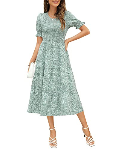 Maggeer 2024 Summer Spring Smocked Short Puff Sleeve Midi Dress Floral Graduation Engagement Modest Church Tiered Casual Dress for Women Green M | Amazon (US)