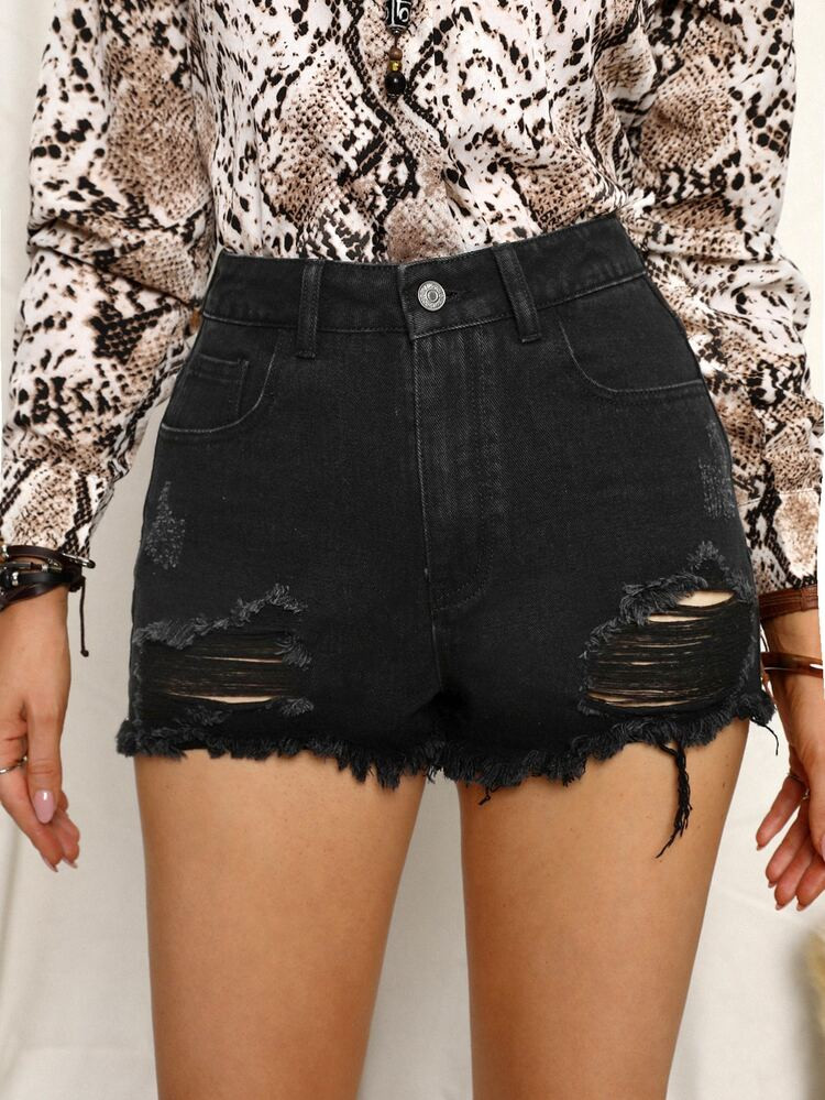 Zipper Fly Ripped Detail Raw Hem Denim Shorts | SHEIN