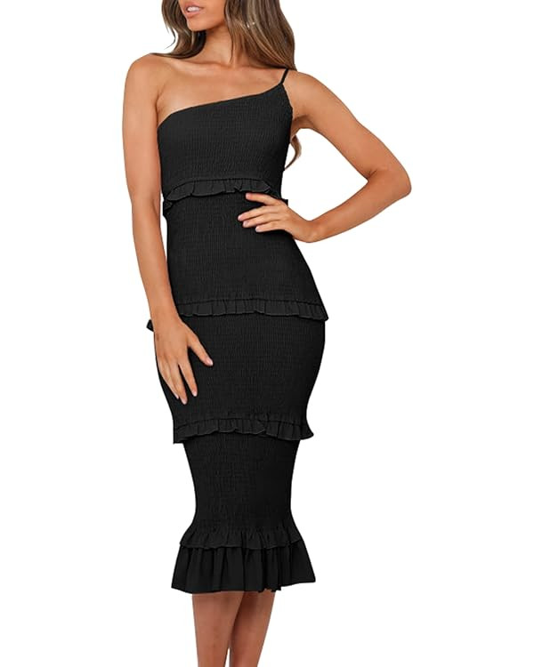 PRETTYGARDEN Women's Summer Midi Bodycon Dresses One Shoulder Strappy Tiered Ruffle Floral Boho S... | Amazon (US)
