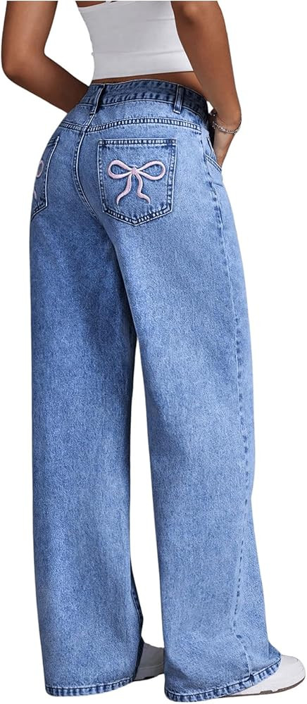 Floerns Women's Bowknot Embroidery Jeans Y2k Straight Leg Boyfriend Denim Pants | Amazon (US)