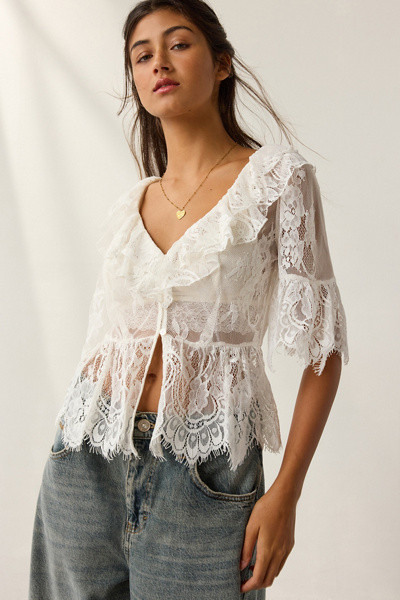 Kimchi Blue Clementine Sheer Lace Ruffle Bed Jacket | Urban Outfitters (US and RoW)
