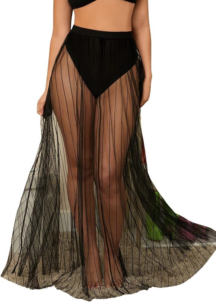Verdusa Women's High Waist Sheer Mesh A Line Flowy Maxi Skirt Cover Up | Amazon (US)
