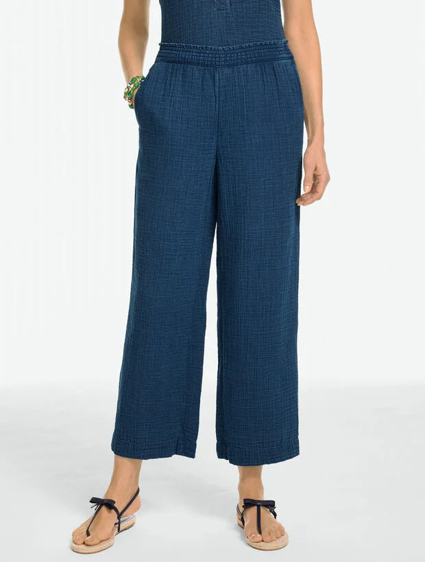 Cotton Gauze Straight Crop Pull-On Pants - Indigo | Talbots