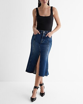 Express Women's Super High Waisted Flare Hem Front Slit Midi Denim Skirt | Express