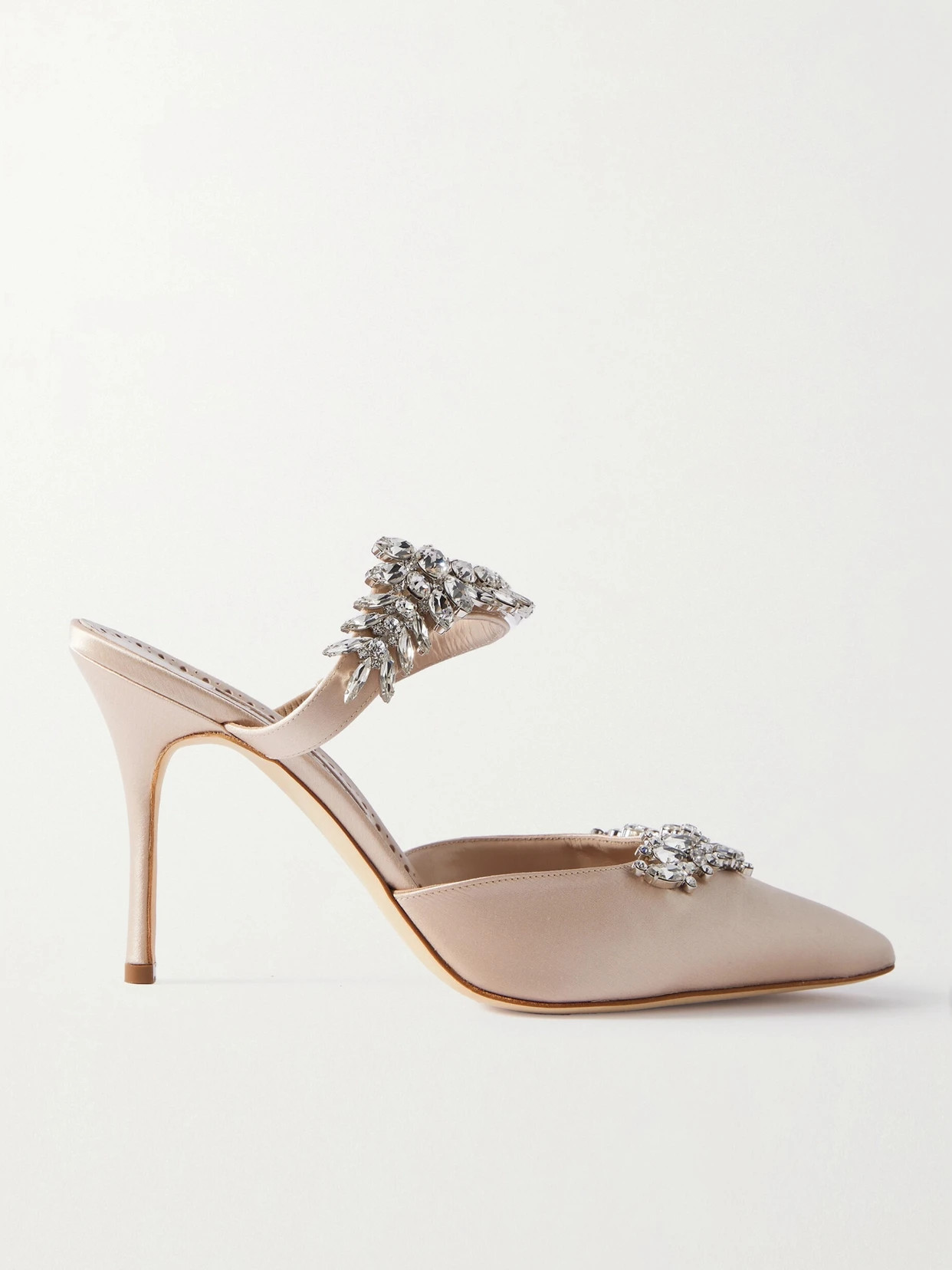 Manolo Blahnik - Lurum 90 Crystal-embellished Satin Mules - Neutrals | NET-A-PORTER (US)