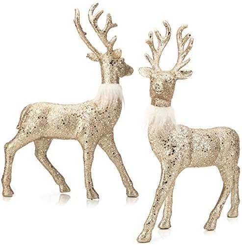iPEGTOP 2 Pcs Glitter Reindeer Decor Christmas Standing Deer Figurines, 12.6" X 9" Holiday Decoratio | Amazon (US)