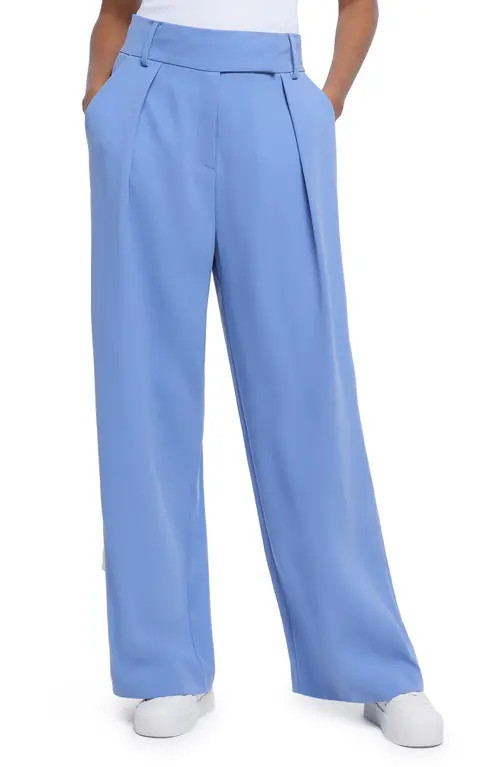 River Island Pleat Front Wide Leg Trousers in Blue at Nordstrom, Size 2 | Nordstrom