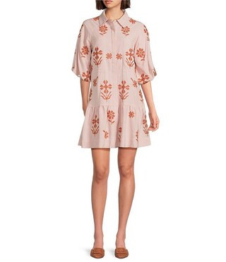 J.Marie Kade Embroidered Short Sleeve Button up Mini Dress | Dillard's | Dillard's