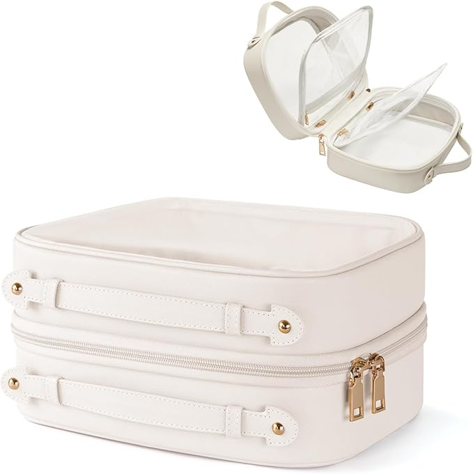 Clear Cosmetic Bag Double Layer Travel Toiletry Bag White Makeup Bag Case with 4 Compartments, Tr... | Amazon (US)