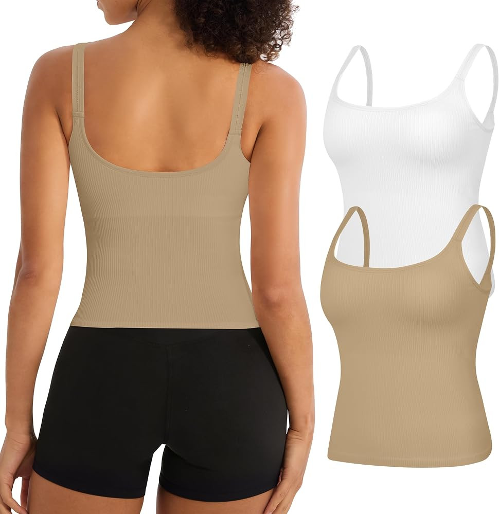 2 Pack Womens Workout Tank Tops with Built in Bra U Back Seamless Ribbed Athletic Yoga Gym Crop T... | Amazon (US)