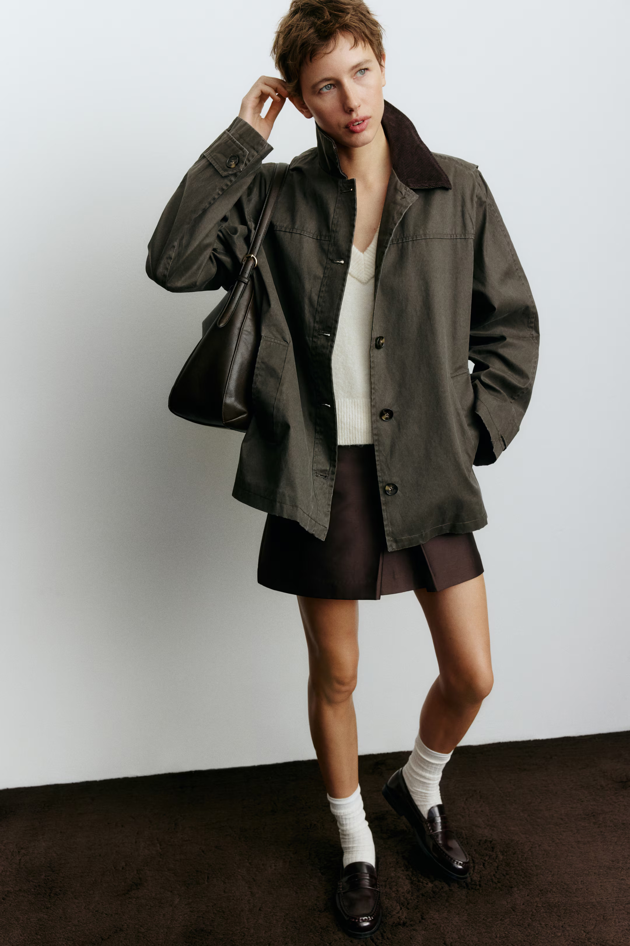 Corduroy-collar jacket - Dark khaki green - Ladies | H&M GB | H&M (UK, MY, IN, SG, PH, TW, HK)