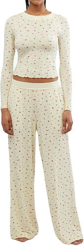 ROAONOCOMO Women Y2K Floral 2 Piece Lounge Set Long Sleeve Button Down Shirt Top Wide Leg Long Pa... | Amazon (US)