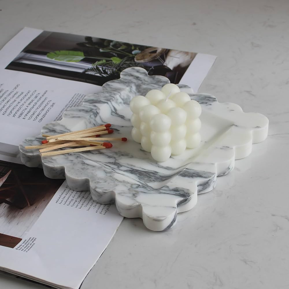 Natural Luxury Marble Tray with Scalloped Edge, Handmade Square Decorative Tray, Catch All Tray f... | Amazon (US)