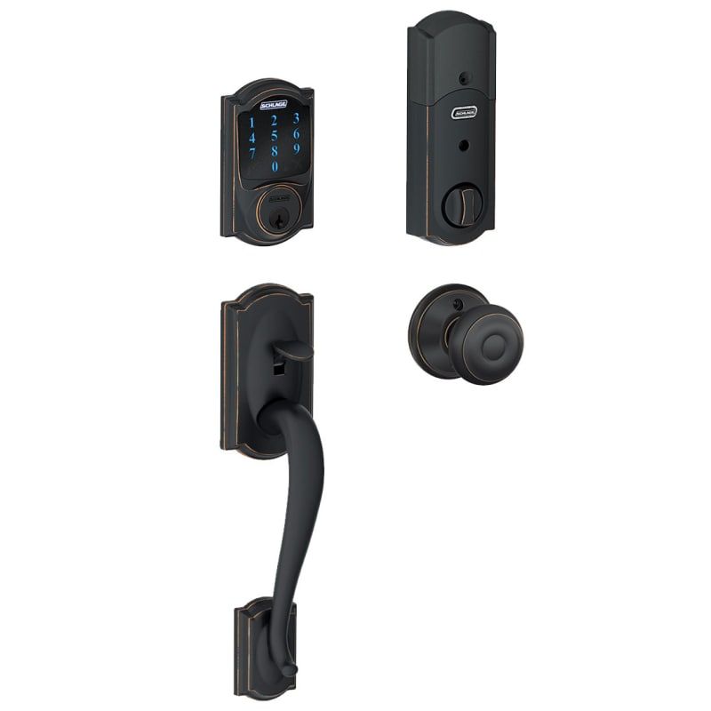 Schlage FE469NX-CAM-GEO Connect Camelot Touchscreen Handleset with Georgian Knob Aged Bronze Handles | Build.com, Inc.