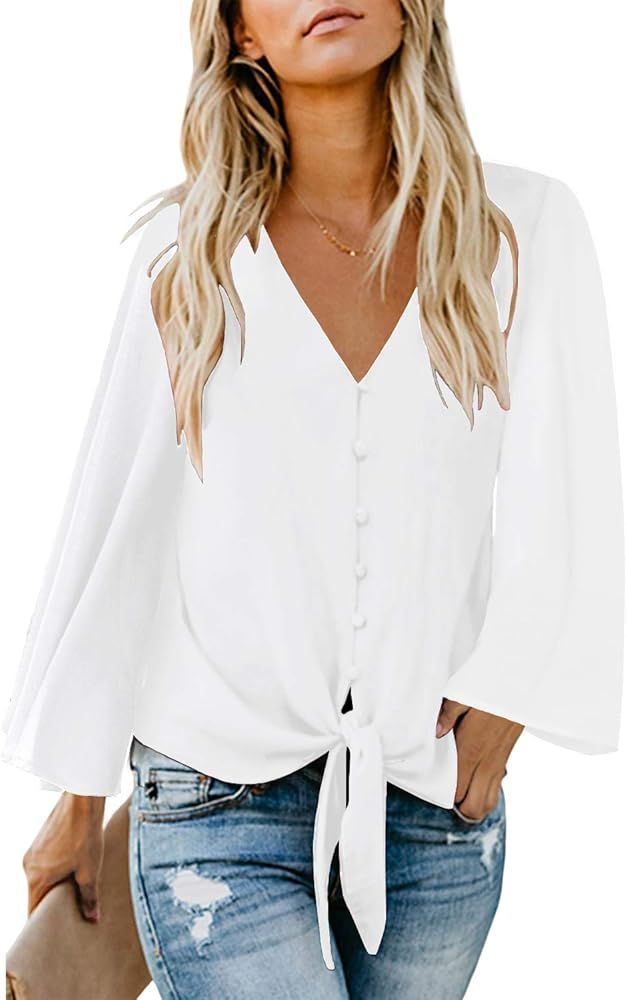 luvamia Women's V Neck Tops Ruffle 3/4 Sleeve Tie Knot Blouses Button Down Shirts | Amazon (US)