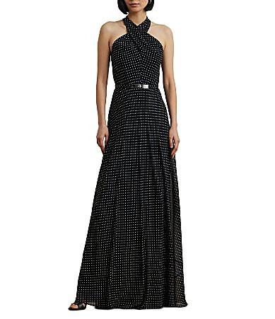 Lauren Ralph Lauren Georgette Dotted Print Halter Neck Sleeveless Belted A-Line Gown - 4 | Dillard's