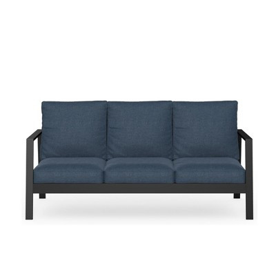 75" All-Weather Aluminum 3-seat Patio Sofa with Thick Blue Cushions & Black Frame | Target