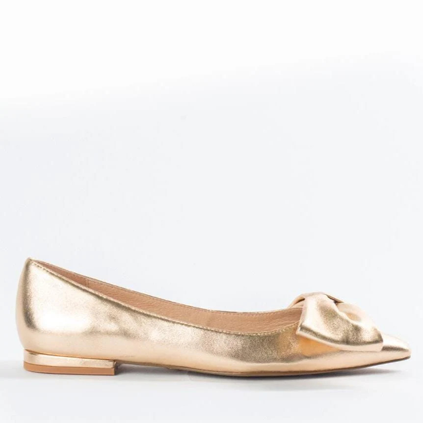 Cecelia New York-Brie bow pointed ballet leather bow flat gold | Cecelia New York