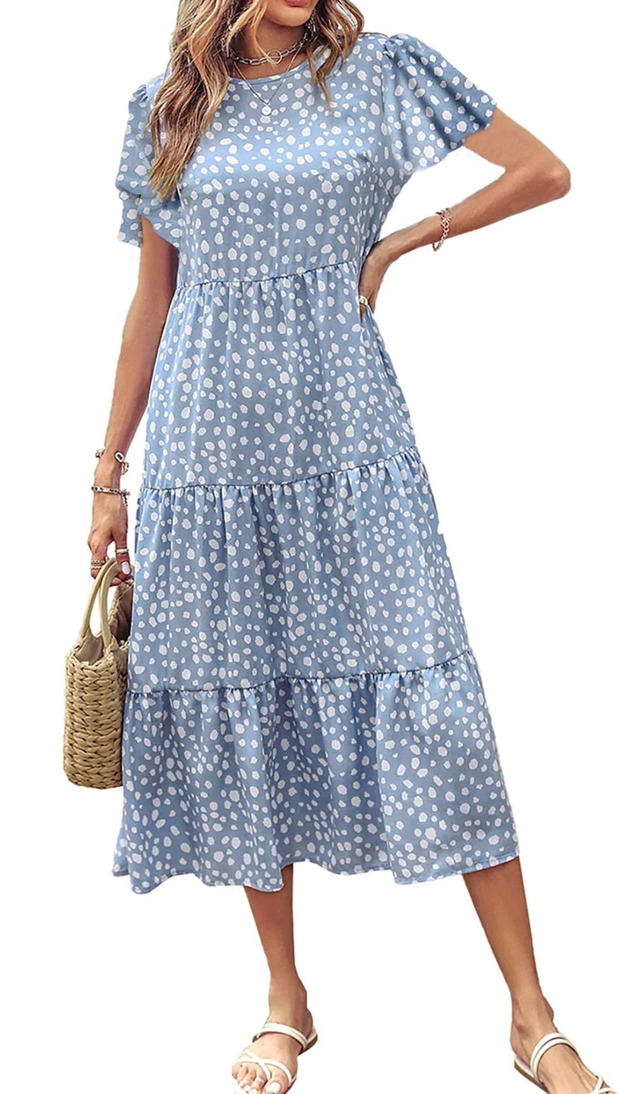 Fantaslook Dresses for Women Summer Casual Boho Dress Floral Print Ruffle Sleeve Midi Beach Dress... | Walmart (US)