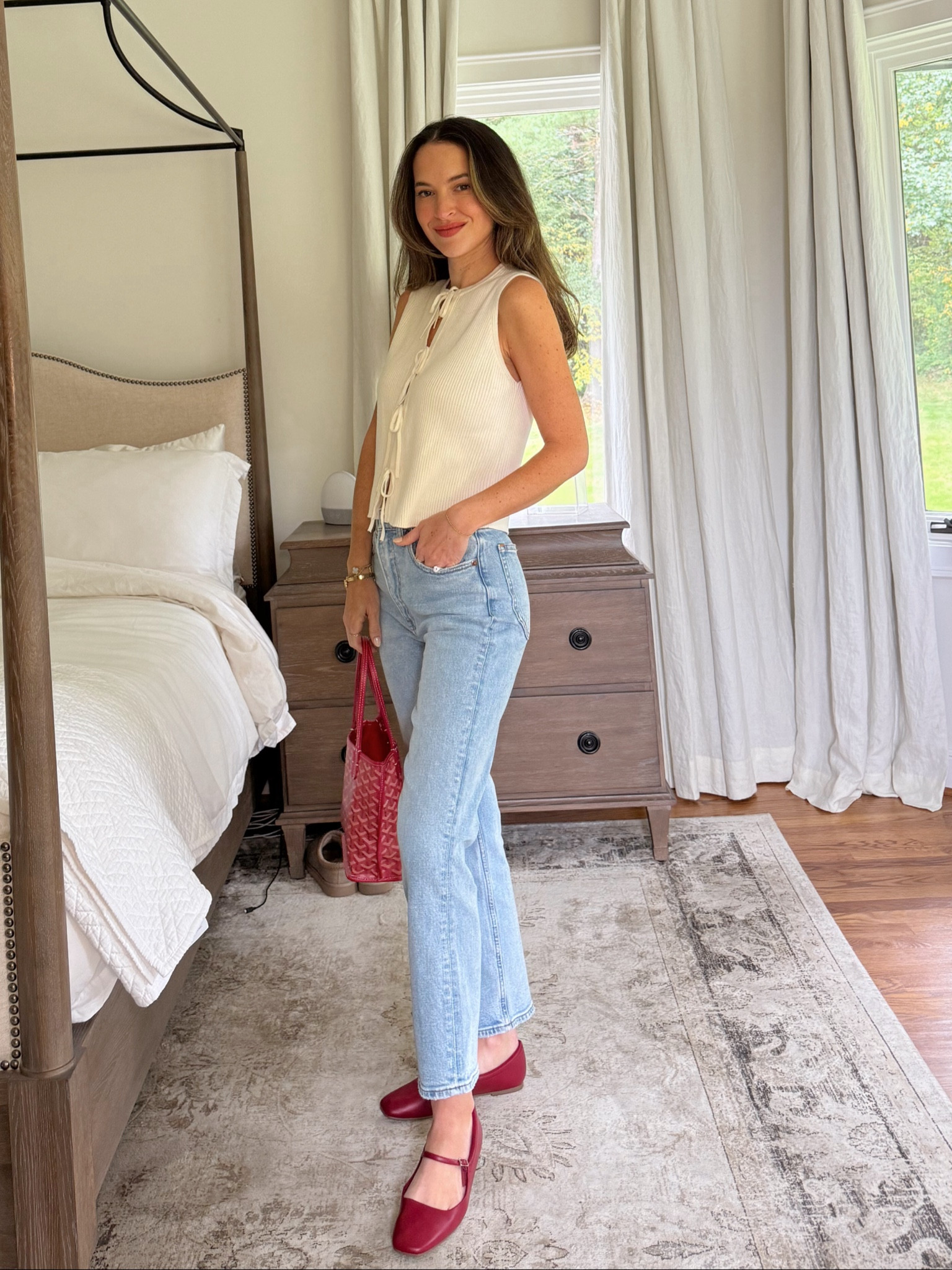 Fall transition outfit day 1. Abercrombie tie sweater and denim (both run true to size, wearing XS in sweater and 25 in denim). Target red Mary Jane ballet flats run true to size, wearing 7  