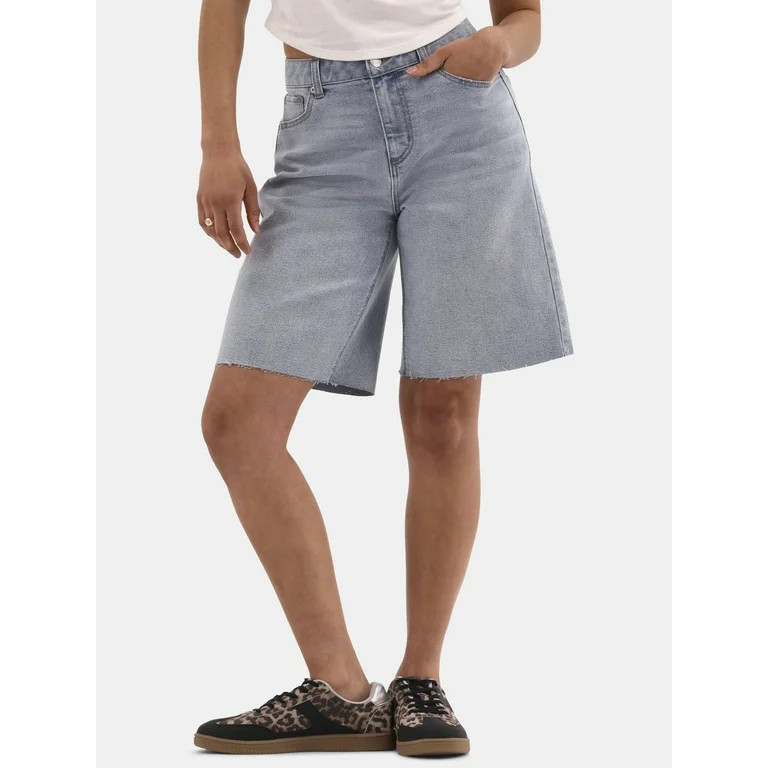 No Boundaries Denim Fray Jorts, Women's and Women's Plus | Walmart (US)