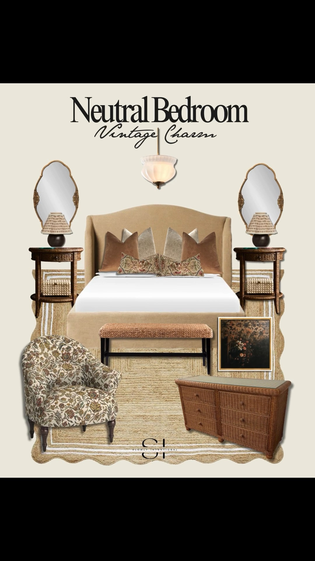 This cozy bedroom setup is giving vintage charm with a warm twist. I pulled in a neutral upholstered bed, layered it with earthy pillows, and added wicker nightstands with the cutest patterned lamps. The floral accent chair ties back to the pillows while the jute rug and woven bench bring that natural texture. It feels relaxed but pulled together, with a nod to old-world style in the art. A timeless mix of neutral, woven, and floral—perfect for layering into your own home.

#LTKHome