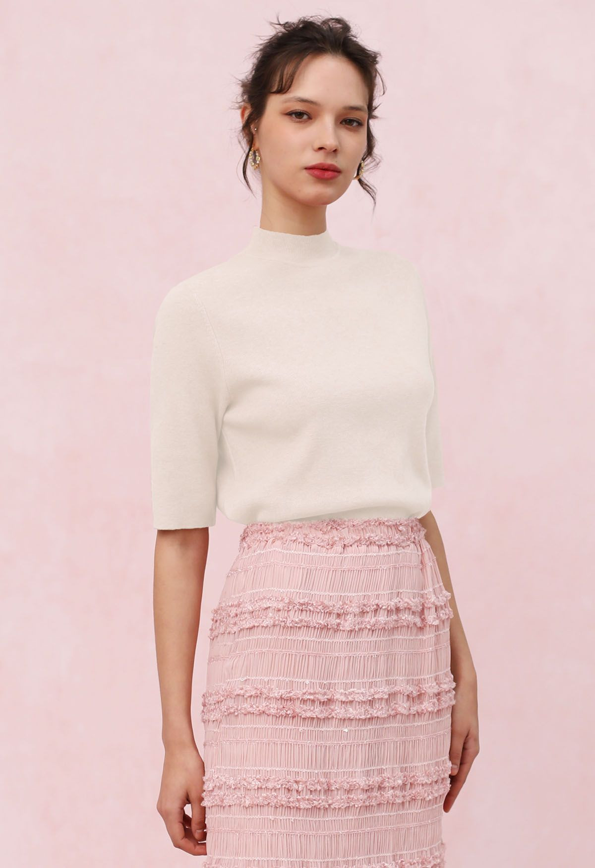 Strickoberteil mit Stehkragen und Ellenbogenärmeln in Elfenbein | Chicwish