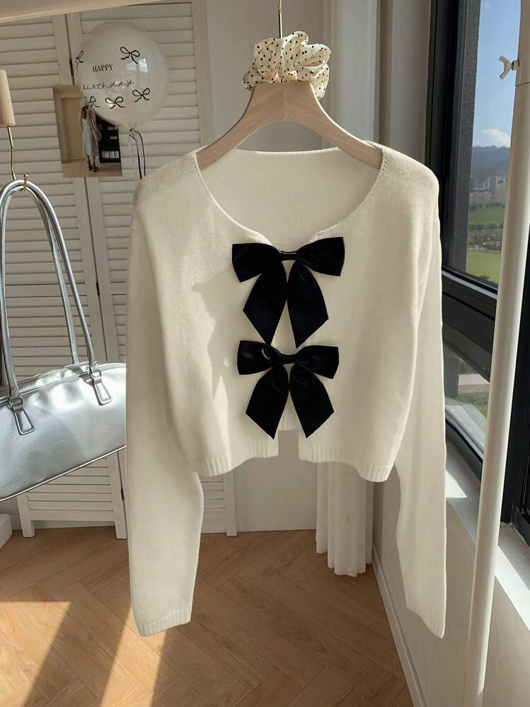 Comfortcana Women's Bowknot Cardigan With Round Neck, Casual For Daily Wear, Autumn/Winter,Long Sleeve Tops | SHEIN