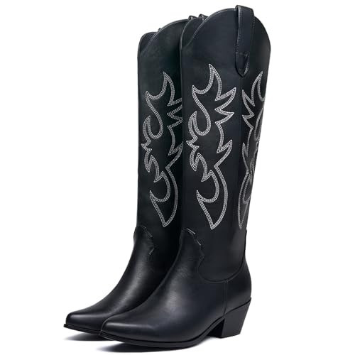 GOSERCE Black Cowboy Boots Knee High Cowgirl Boots for Women Chunky Stacked Heel 2.5" Almond Shaped Pointed Toe Pull On Tabs Fashion Design Black-H,9 | Amazon (US)