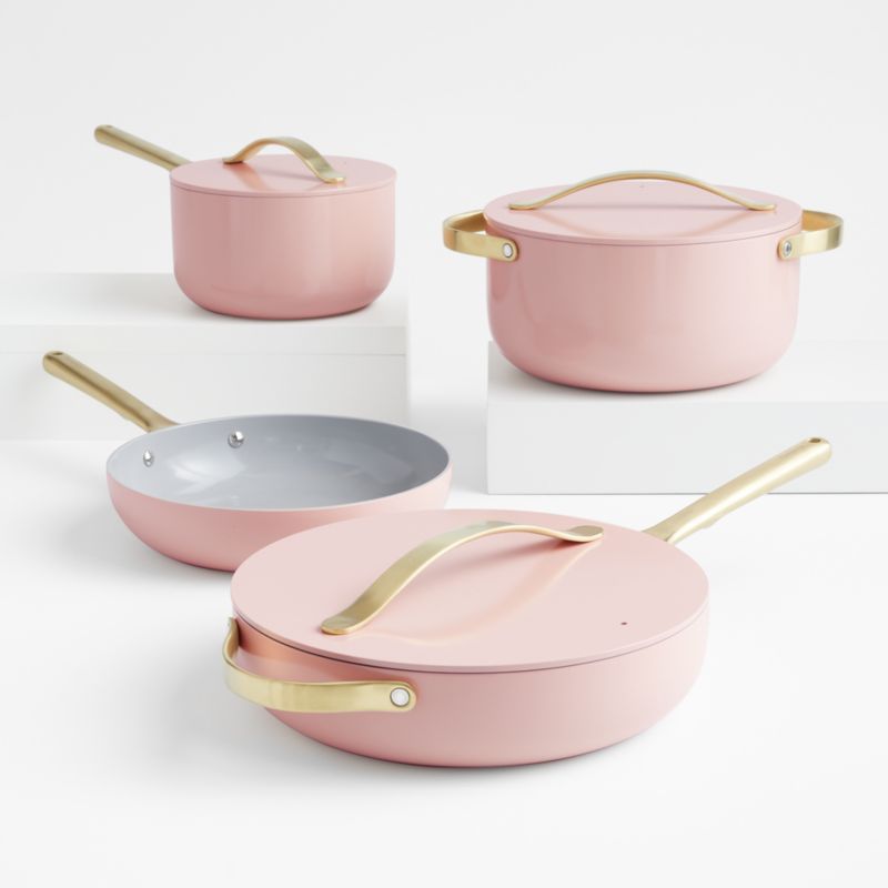 Caraway Home Rose Quartz 7-Piece Ceramic Non-Stick Cookware Set with Gold Hardware + Reviews | Cr... | Crate & Barrel