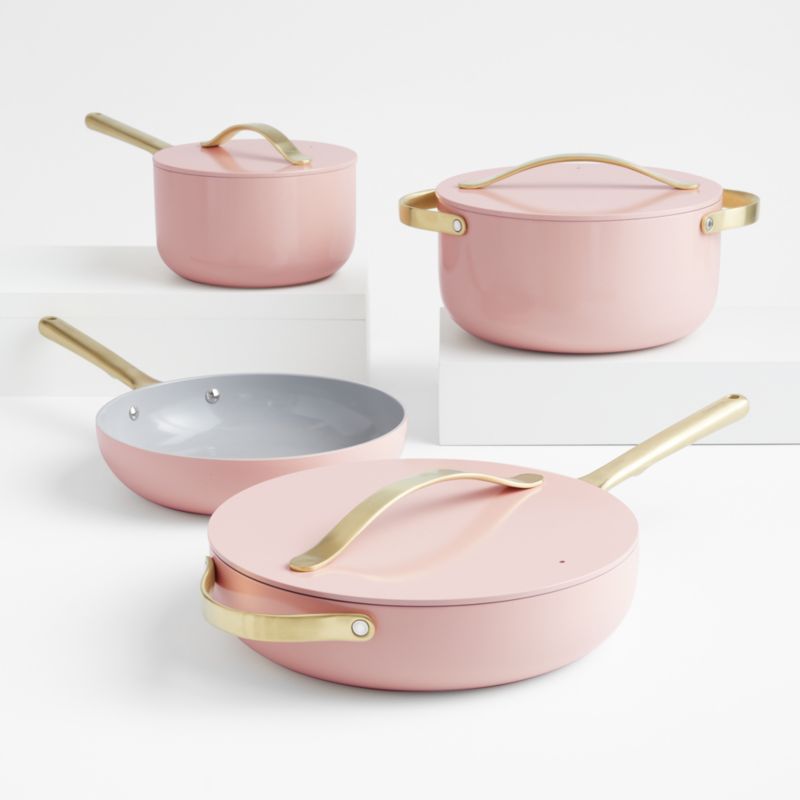 Caraway Home 7-Piece Rose Quartz Pink Ceramic Non-Stick Cookware Set with Gold Hardware + Reviews... | Crate & Barrel