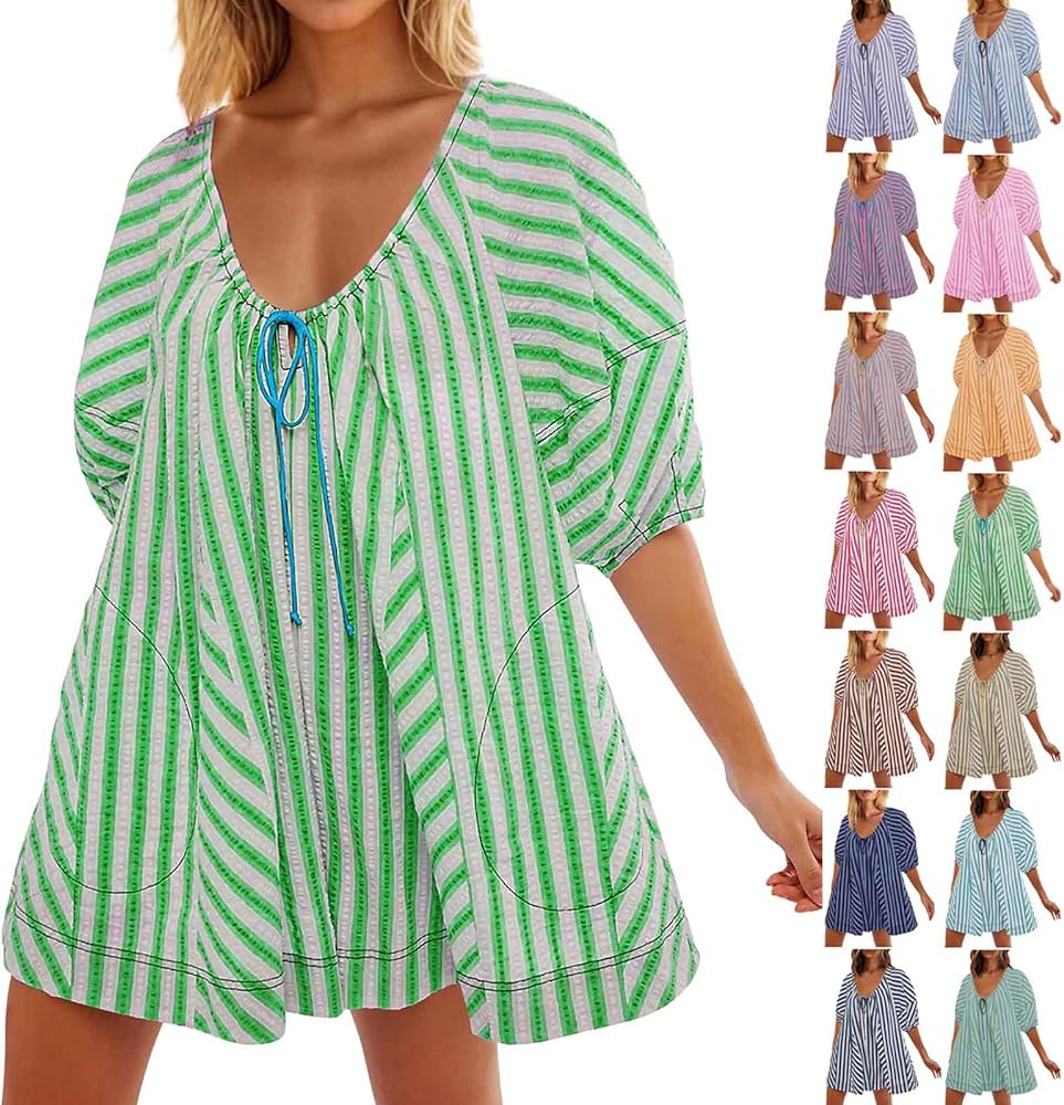 Summer T-shirt Rompers for Women Striped Print Puff Sleeve Rompers, Adjustable Neck Oversized Jum... | Amazon (US)
