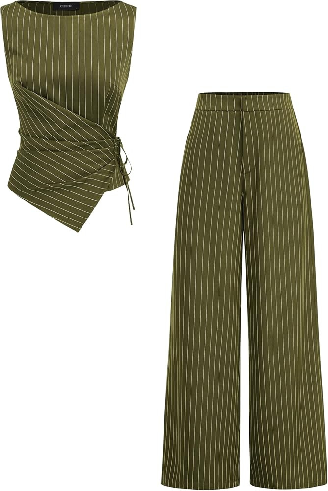 CIDER Lounge Sets For Women Striped Wrap Knotted Top Straight Leg Trousers Set Boat Neck Mid Wais... | Amazon (US)