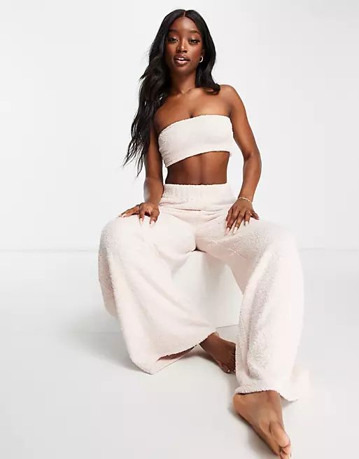Loungeable fluffy straight leg trousers in pale pink | ASOS | ASOS (Global)