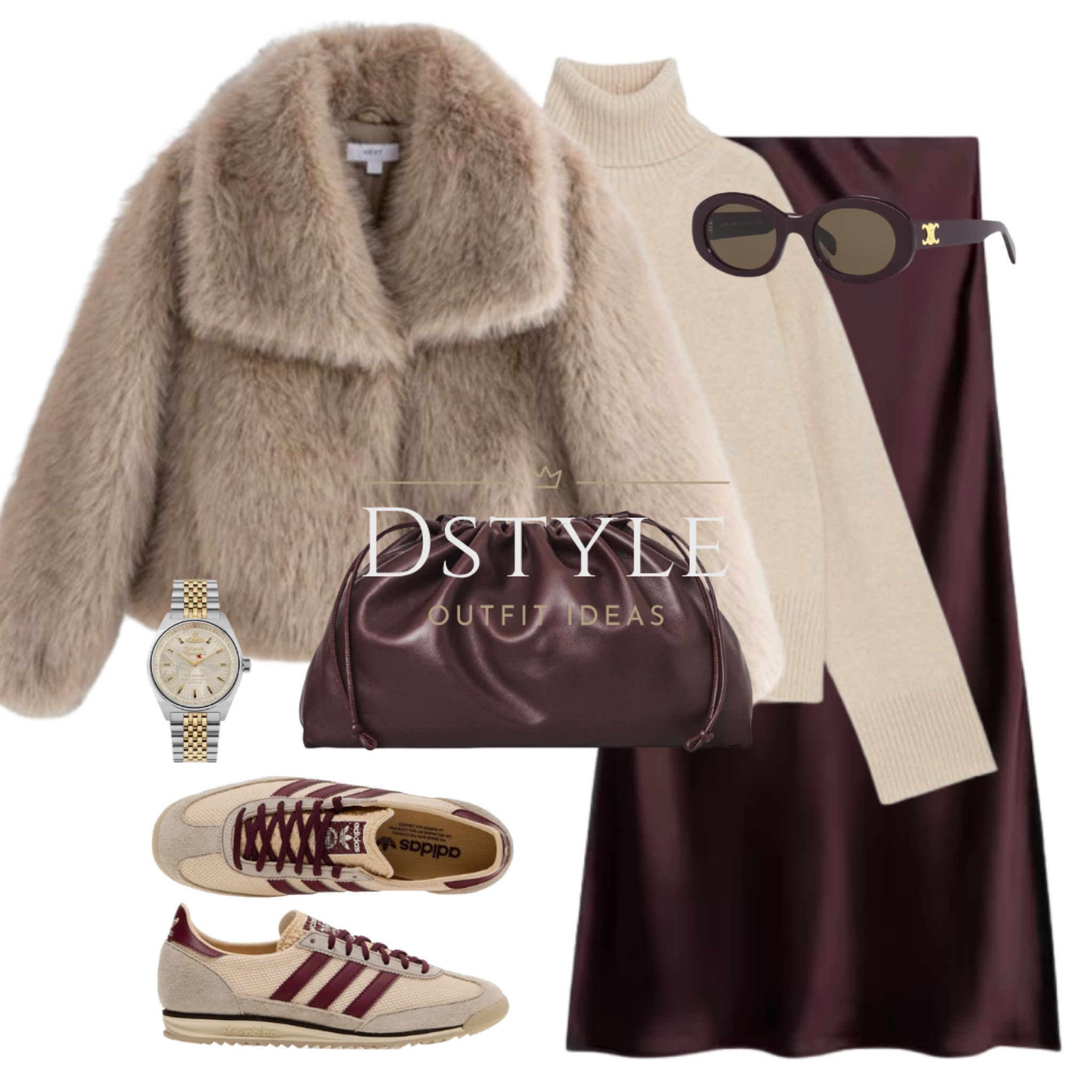 Maroon satin long skirt, light beige cashmere-wool blend jumper/ sweater, short faux fur jacket, bordeaux leather clutch, Adidas SL 72 OG sneakers/trainers

#LTKStyleTip #LTKShoeCrush #LTKSeasonal