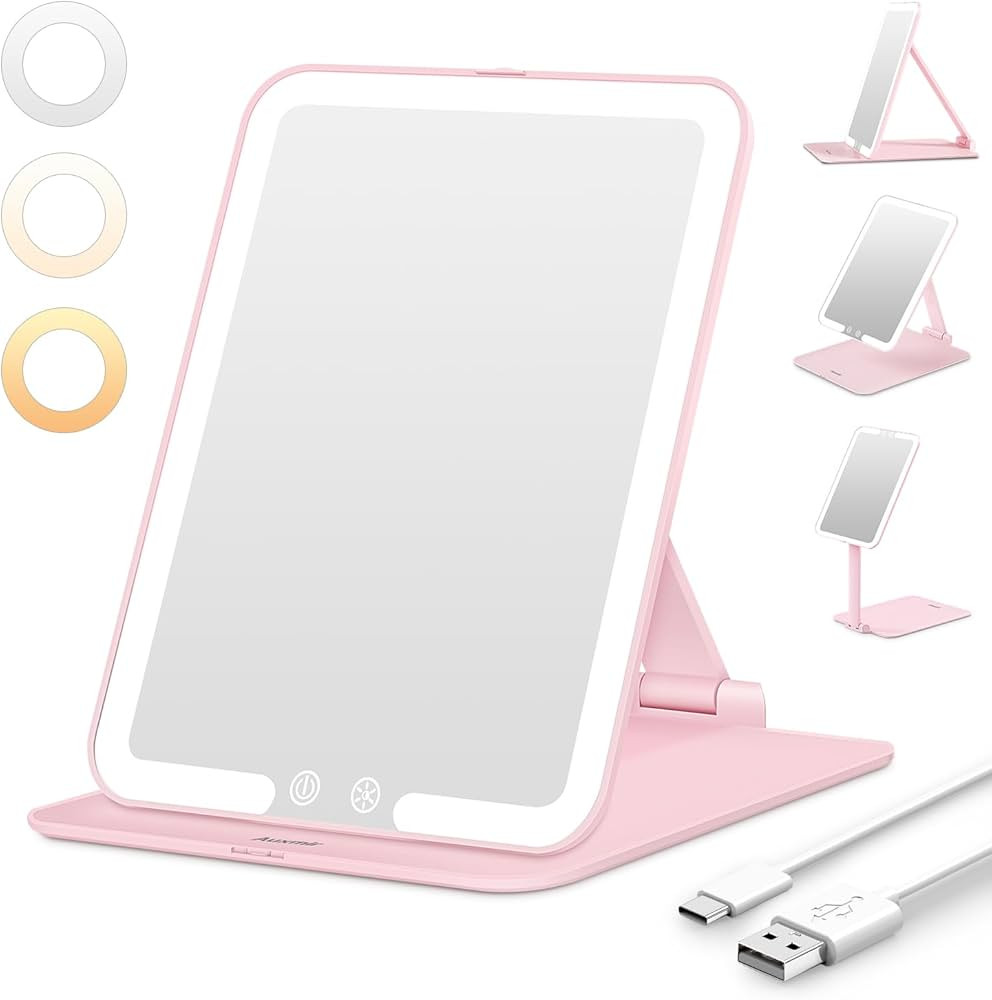 Travel Makeup Mirror with 3 Dimmable Color Lights, Portable Foldable LED Lighted Travel Makeup Mi... | Amazon (US)