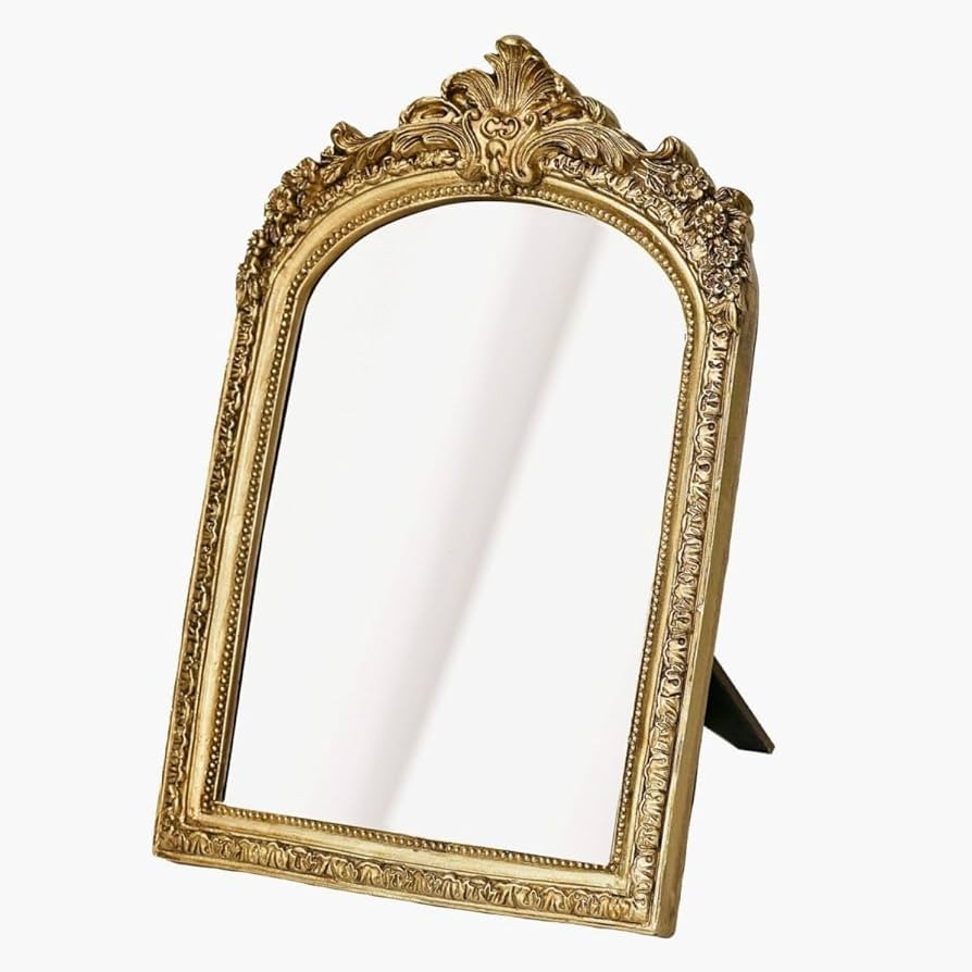 Small Gold Vintage Vanity Desk Makeup Mirror Antique Decorative Wall Mirror,Resin Carved Arch Tab... | Amazon (US)