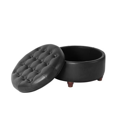 HomePop Large Tufted Round Storage Ottoman Black Faux Leather | Target