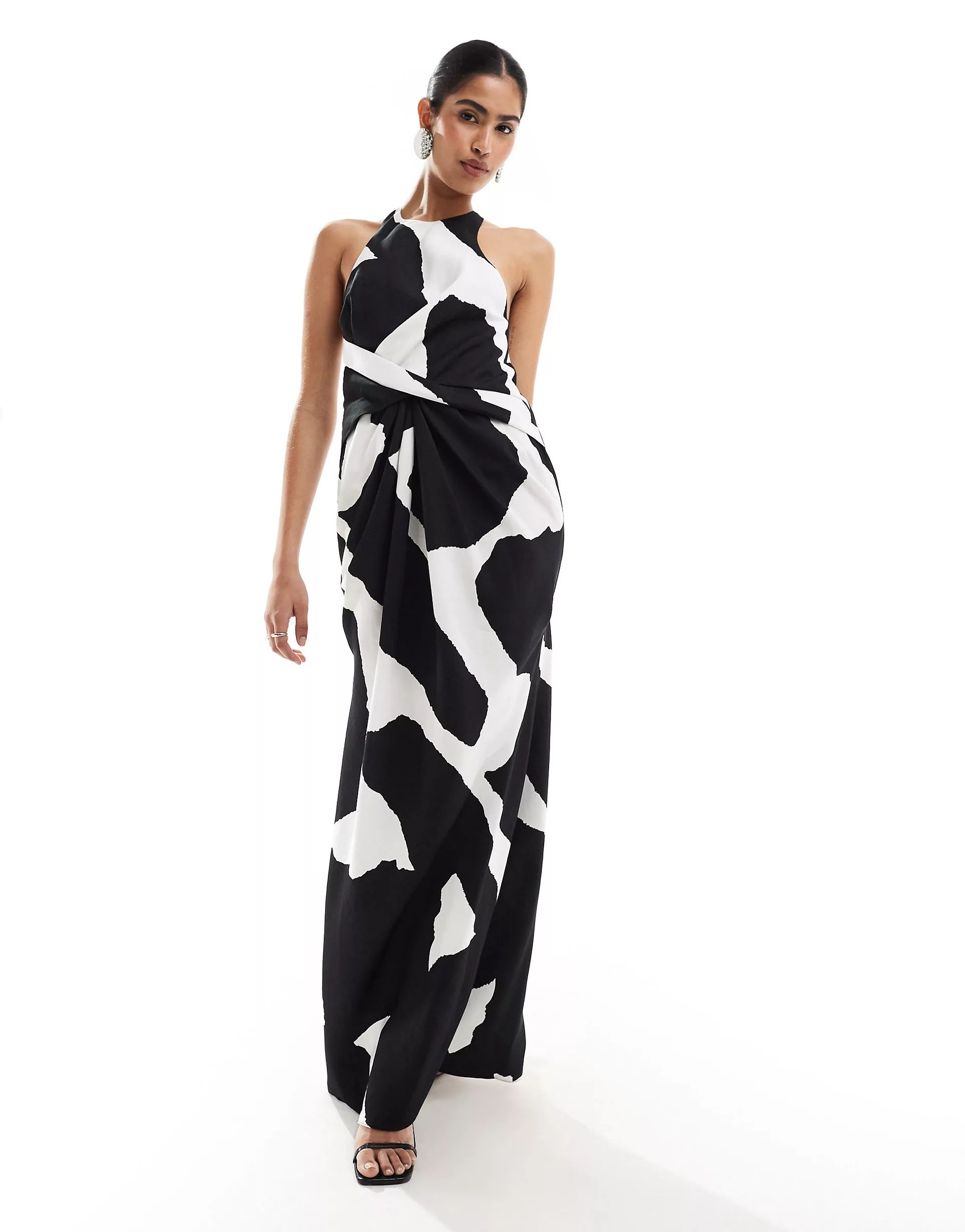 ASOS DESIGN textured racer neck maxi dress with twist waist detail in black abstract print | ASOS (Global)