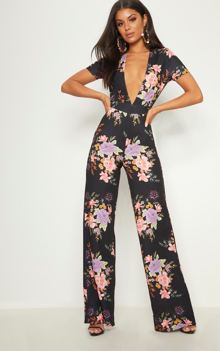 Black Floral Crepe Short Sleeve Plunge Jumpsuit | PrettyLittleThing US