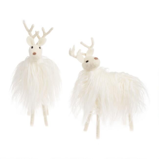 White Woolly Faux Fur Deer Decor Set Of 2 | World Market