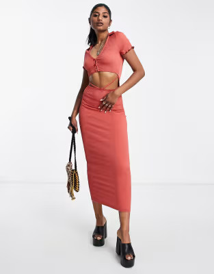 ASOS DESIGN textured midi shirt dress with cut out in rust | ASOS (Global)