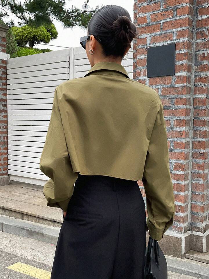 DAZY Solid Button Front Crop Shirt,Long Sleeve Tops,Fall Women Clothes | SHEIN