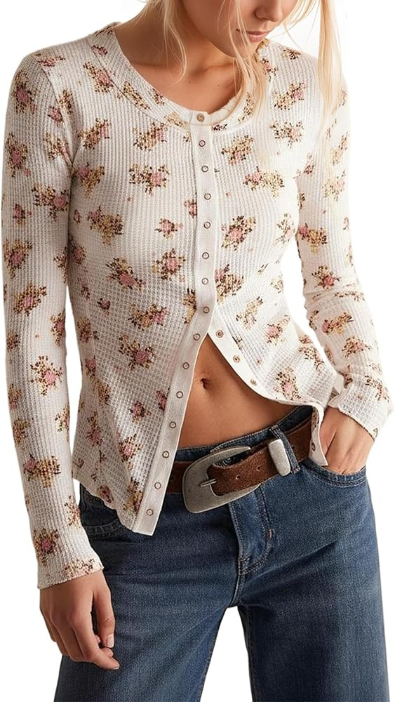 Women Floral Print Button Down Long Sleeve Shirt Waffle Knit Cardigan Top Y2K Slim Fitted Crew Ne... | Amazon (US)